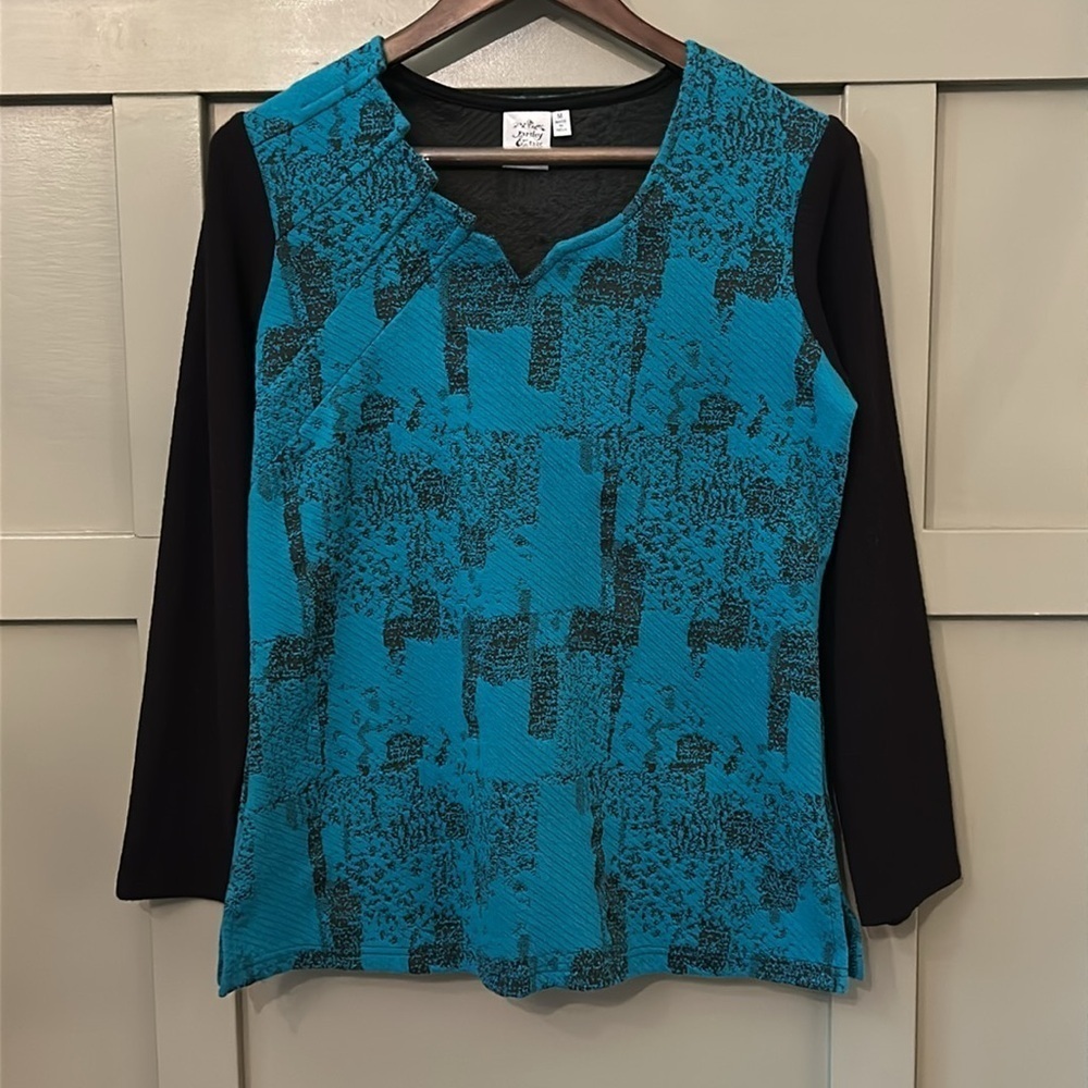 Parsley & Sage Long Sleeve Knit Blouse Teal Black Art To Wear Lagenlook Medium